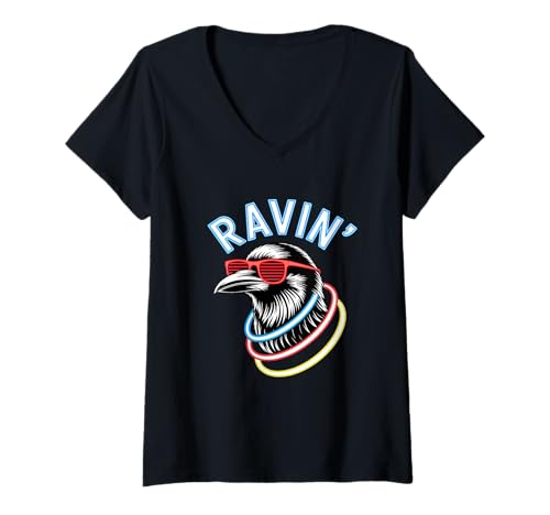 Damen Ravin' Rabe Sonnenbrille Rave Festival Techno Elektro Party T-Shirt mit V-Ausschnitt Damen Ravin' Rabe Sonnenbrille Rave Festival Techno Elektro Party T-Shirt mit V-Ausschnitt von Raver Festival Techno Rabe Party Vögel