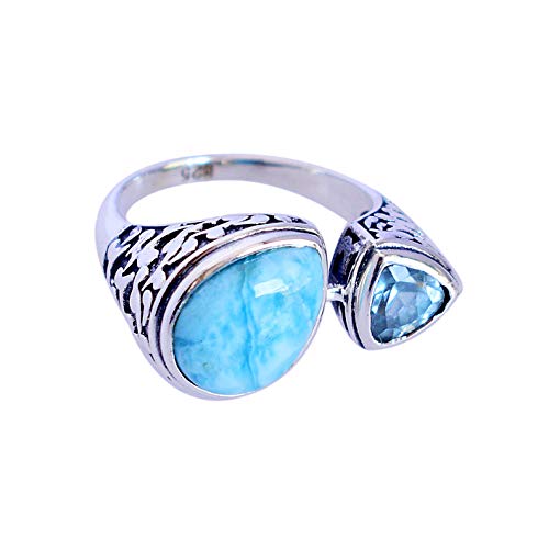 Larimar Ring aus massivem 925er Sterlingsilber mit blauem Topas, wunderschöner handgefertigter Schmuck, Geburtstagsgeschenk FSJ-5684, Stein:, Larimar und Blautopas von Ravishing Impressions Jewellery