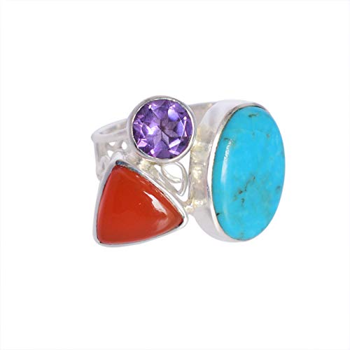 Ravishing Impressions Jewellery Arizona FSJ-5546 Ring aus massivem 925er Sterlingsilber, Türkis, Karneol und Amethyt, wunderbarer handgefertigter Schmuck für Damen, Stein:, Arizona, Türkis, Karneol von Ravishing Impressions Jewellery