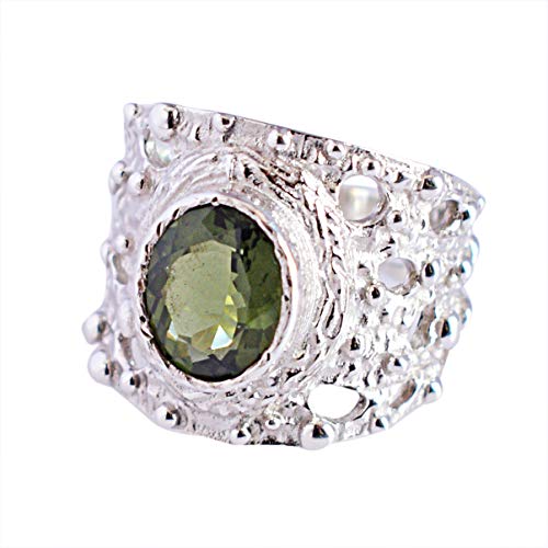 Ring aus massivem 925er Sterlingsilber mit Moldavit-Edelstein, wunderschöner Designer-Schmuck für Mädchen, FSJ-5766, Stein:, Moldavit von Ravishing Impressions Jewellery