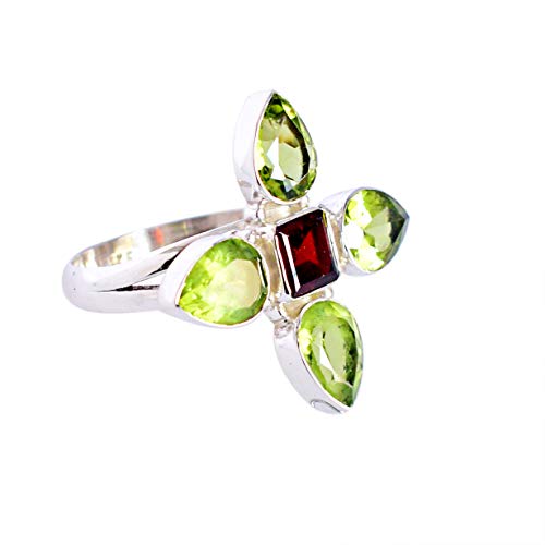 Ring aus massivem 925er Sterlingsilber mit grünem Peridot und rotem Quarz, wunderschöner Designer-Schmuck für Mädchen, FSJ-5595, Stein:, Grüner Peridot und roter Quarz von Ravishing Impressions Jewellery