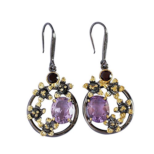 Amethyst & Granat Ohrringe 8 x 10 mm, 4 mm – baumelnder Tropfen-Stil – 925er Sterlingsilber mit schwarzer Rhodium & Gelbvergoldung – elegantes handgefertigtes Design für Damen Abend oder Alltag, 8x10 von Ravishing Impressions