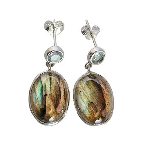Labradorit & Blautopas Ohrringe 5 mm 13 x 18 mm – Sterlingsilber baumelnde Tropfenohrringe – natürliche Edelsteine – Regenbogenblitz Labradorit Damen handgefertigt Geschenk, 5, 13x18, Sterling Silber von Ravishing Impressions