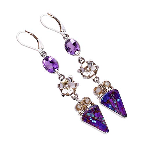Ohrringe mit violettem Türkis, Amethyst, Citrin, 15 x 10 mm, 9 x 7 mm, 4 mm, Cabochons, 925er Silber, baumelnde Ohrringe, mehrere Edelsteine, handgefertigt, Boho-Schmuck, künstlerisches Geschenk für Ohrringe mit violettem Türkis, Amethyst, Citrin, 15 x 10 mm, 9 x 7 mm, 4 mm, Cabochons, 925er Silber, baumelnde Ohrringe, mehrere Edelsteine, handgefertigt, Boho-Schmuck, künstlerisches Geschenk für von Ravishing Impressions