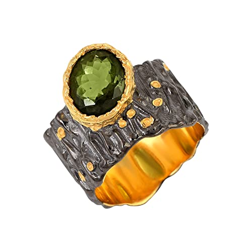 Ravishing Impressions Echter ovaler Moldavit-Silberring – handgefertigter Schmuck, Ringe für November: Perfekt für Geburtstage, schwarz rhodiniert, gelbgoldbeschichtet 51 (16.2) von Ravishing Impressions