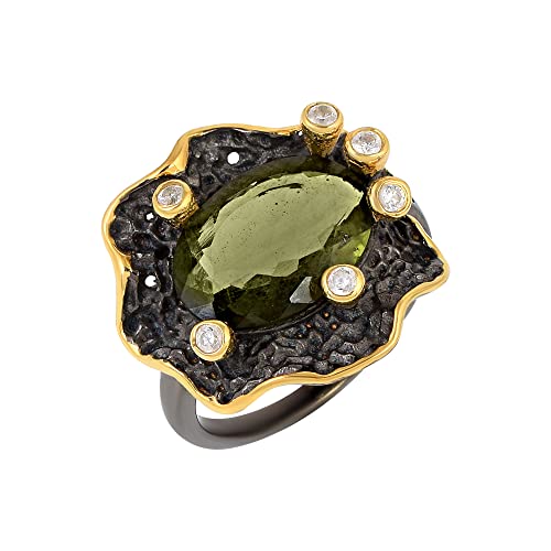 Ravishing Impressions Moldavit-Silberring – Schwarz rhodiniert, Gelbgold plattiert, Cocktailschmuck, der spirituelle Must-Have-Schmuck im Juni 57 (18.1) von Ravishing Impressions