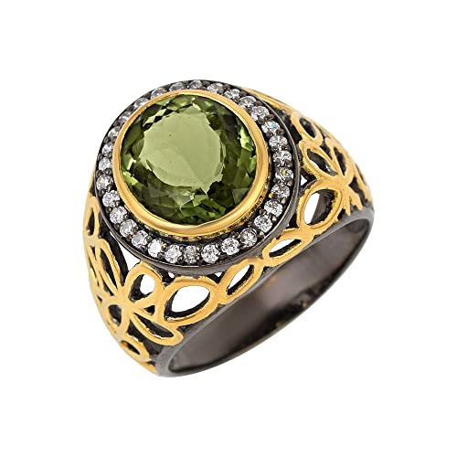 Ravishing Impressions Moldavit & Zirkonia Silberring – runder Kristall, Ringe für November-Geburtstage, Schmuck, schwarz rhodiniert, gelb vergoldet 65 (20.7) von Ravishing Impressions