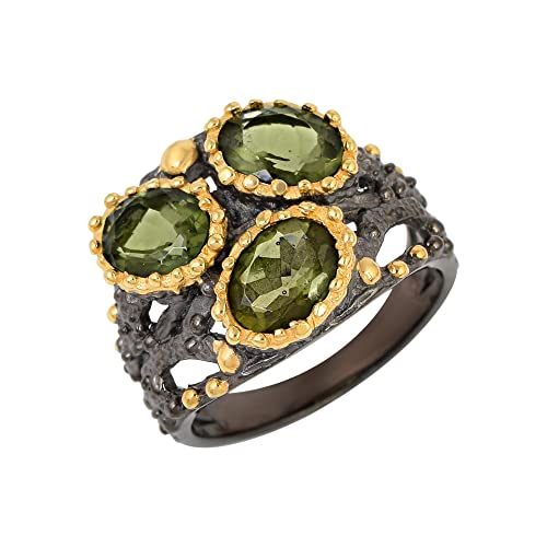Ravishing Impressions Moldavitring aus 925er Silber – Natürlicher Moldavit-Edelstein, schwarz rhodiniert und gelbvergoldet, Statement-Ring 51 (16.2) von Ravishing Impressions