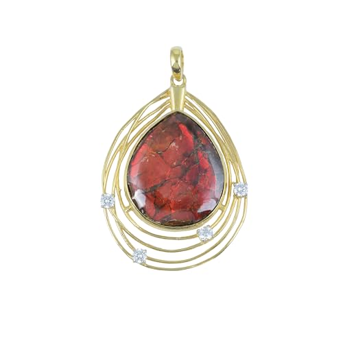 Ravishing Impressions Red Fire Ammolith Birnen-Anhänger Halskette – 25 x 20 mm Edelstein in Gelbgold plattiertes 925er Sterlingsilber mit weißen Topas-Akzenten – mutiger handgefertigter Schmuck von Ravishing Impressions