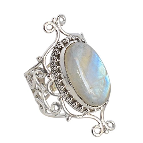 Regenbogen-Mondstein-Ring – oval, 20 x 12 mm, Cabochon, 925er Sterlingsilber, Lünettenfassung, violetter Edelstein, handgefertigter Boho-Ring für Damen, 49 (15,6) von Ravishing Impressions