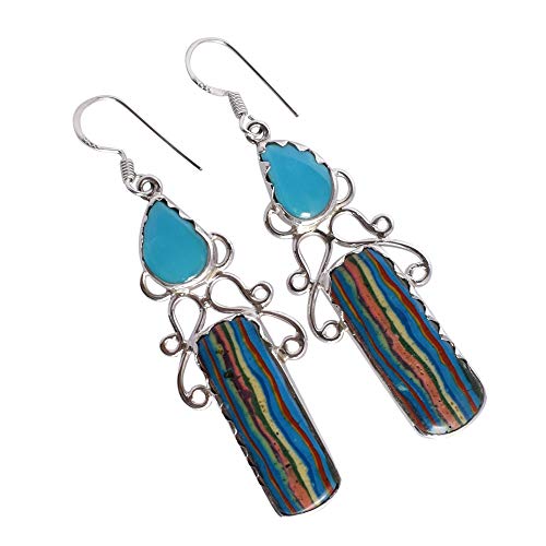 Regenbogenfarbene Calsilica- und Türkis-Ohrringe, 25 x 10 mm, rechteckig und 10 x 8 mm, birnenförmig, Cabochon, 925er-Sterlingsilber, mehrfarbig, Boho-Schmuck, Geschenk für Sie von Ravishing Impressions