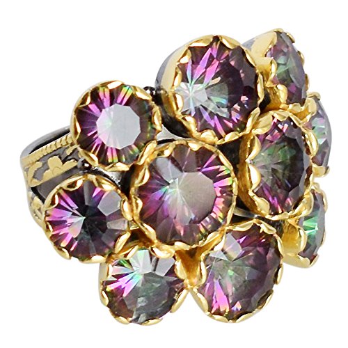 Regenbogenquarz-Ring – Lünettenfassung, facettierte Steine, 9 mm & 6 mm, schwarzes Rhodium & Gelbgold plattiertes 925er Sterlingsilber, grüner Statement-Edelsteinring 68 (21,60) von Ravishing Impressions