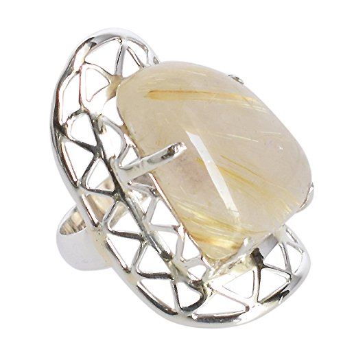 Ring aus 925er Sterlingsilber, goldener Rutilquarz, rund, 29 x 18 mm, natürlicher goldener Cabochon, handgefertigter Boho-Schmuck für Damen, Statement-Cocktail-Geschenk, Größe W 1/2, 66 (21,00) von Ravishing Impressions