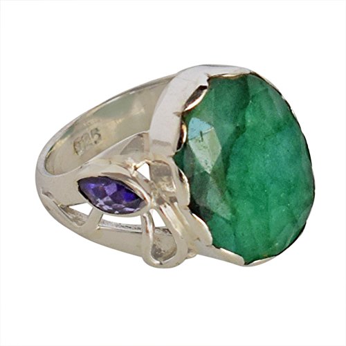 Smaragd & Amethyst Dreiecksring – 925er Sterlingsilber Lünetten-Set 18 x 14 mm & 6 x 3 mm blaue Cabochon-Steine, Designer-Edelsteinring für Damen, 65 (20,7) von Ravishing Impressions