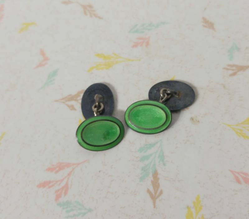 Antike Art-Deco-Mint Grün Manschettenknöpfe Sterling Silber 1920 von RavishingRetro