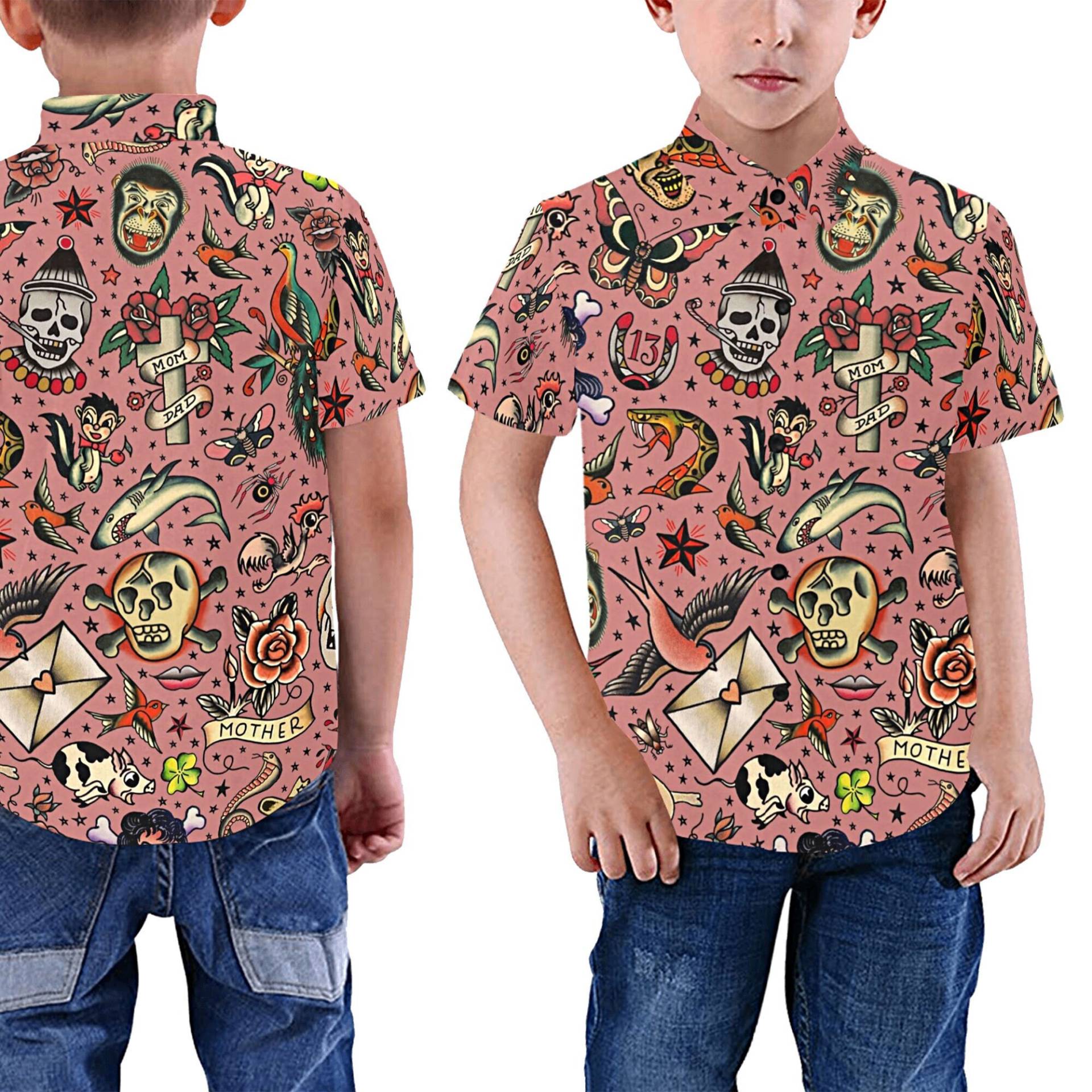 Tattoo Flash Kid's Shirt - Lässiges Button-Down Kurzarm Mit Kragen Kind Junge Mädchen Vintage Usa Xs 2Xl von RawBoneStudio