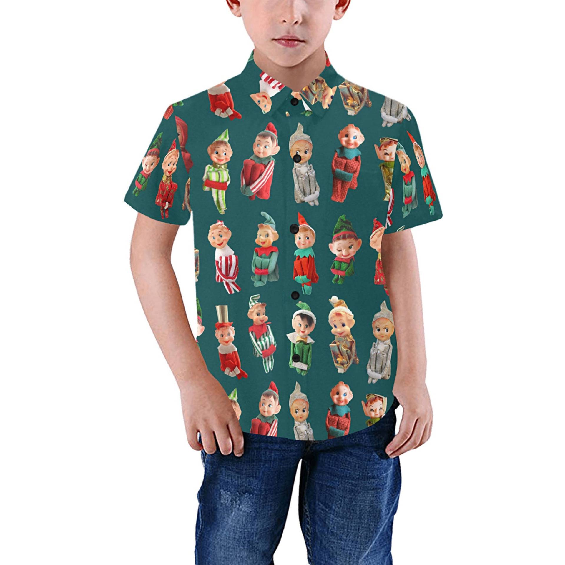 Vintage Weihnachtselfen Kinderhemd - Lässiger Button-Down Kurzarm Mit Kragen Kind Junge Mädchen Elfen Shirt Usa Xs 2Xl von RawBoneStudio