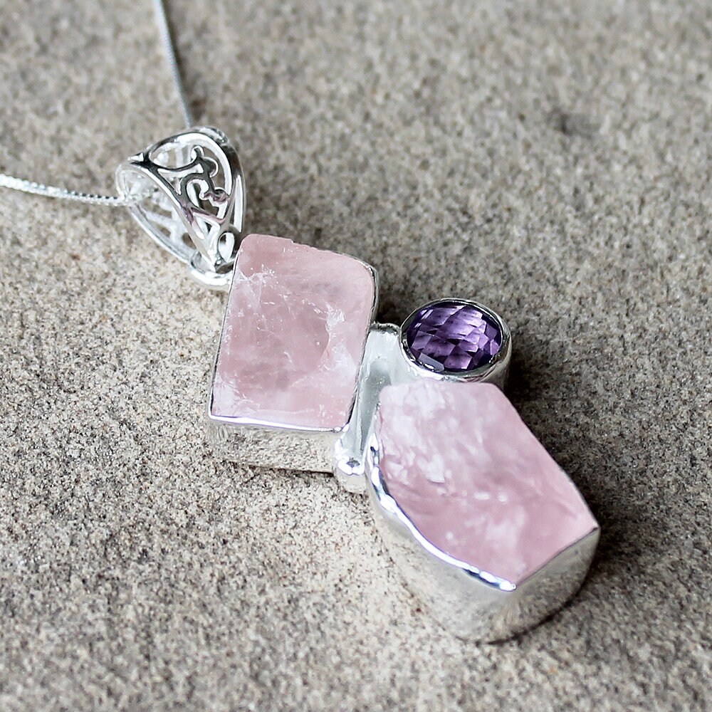 Roher Rosenquarz & Lila Amethyst Anhänger - 925 Massiv Sterling Silber Facettierter Und Grob Geschnittener Natürlicher Rosa Edelstein Boho Artisan Roher Rosenquarz & Lila Amethyst Anhänger - 925 Massiv Sterling Silber Facettierter Und Grob Geschnittener Natürlicher Rosa Edelstein Boho Artisan von RawIndie