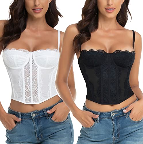 Raxnode Spitze Bustier Korsett Tops für Frauen - Sexy Ausgehen Party Club Top mit Schnalle, 2p - Schwarz & Weiß, Small von Raxnode