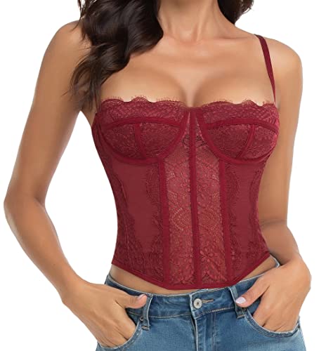 Raxnode Spitze Bustier Korsett Tops für Frauen - Sexy Ausgehen Party Club Top mit Schnalle, Burgunder, Large von Raxnode