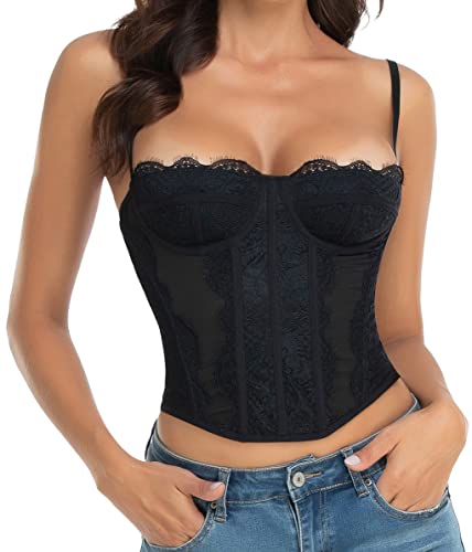 Raxnode Spitze Bustier Korsett Tops für Frauen - Sexy Ausgehen Party Club Top mit Schnalle, Schwarz, Small von Raxnode