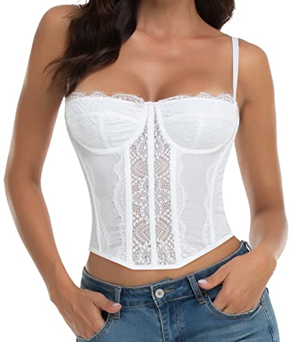 Raxnode Spitze Bustier Korsett Tops für Frauen - Sexy Ausgehen Party Club Top mit Schnalle, Weiss/opulenter Garten, Medium von Raxnode