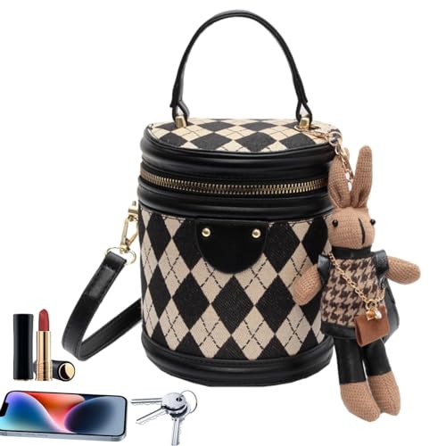 Eimertaschen,Kleine Eimertasche,Kleine PU Schultertasche,Modische Umhängetasche und Handtasche mit großer Kapazität, Schwarz + Anhänger, riferimento alla descrizione von Raxove