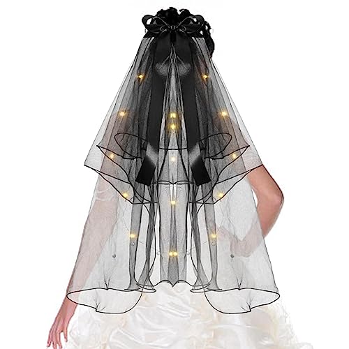 Heller Brautschleier, Kronen-LED-Brautschleier, schwarzer Schleier für Hochzeit – leuchtender 2-stufiger schwarzer Hochzeitsschleier mit Schleife, weicher, atmungsaktiver Haarschmuck für Frauen von Raxove