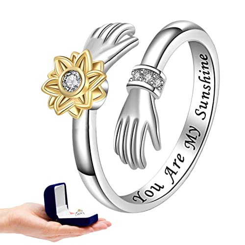 Tu Sei My Sunshine Silberring, Fingerringe für Anfangsdaumen des Gänseblümchens – Spinner-Ring mit Anfangsbuchstaben Sonnenblume aus Sterlingsilber, Fidget Rin für Frauen von Raxove
