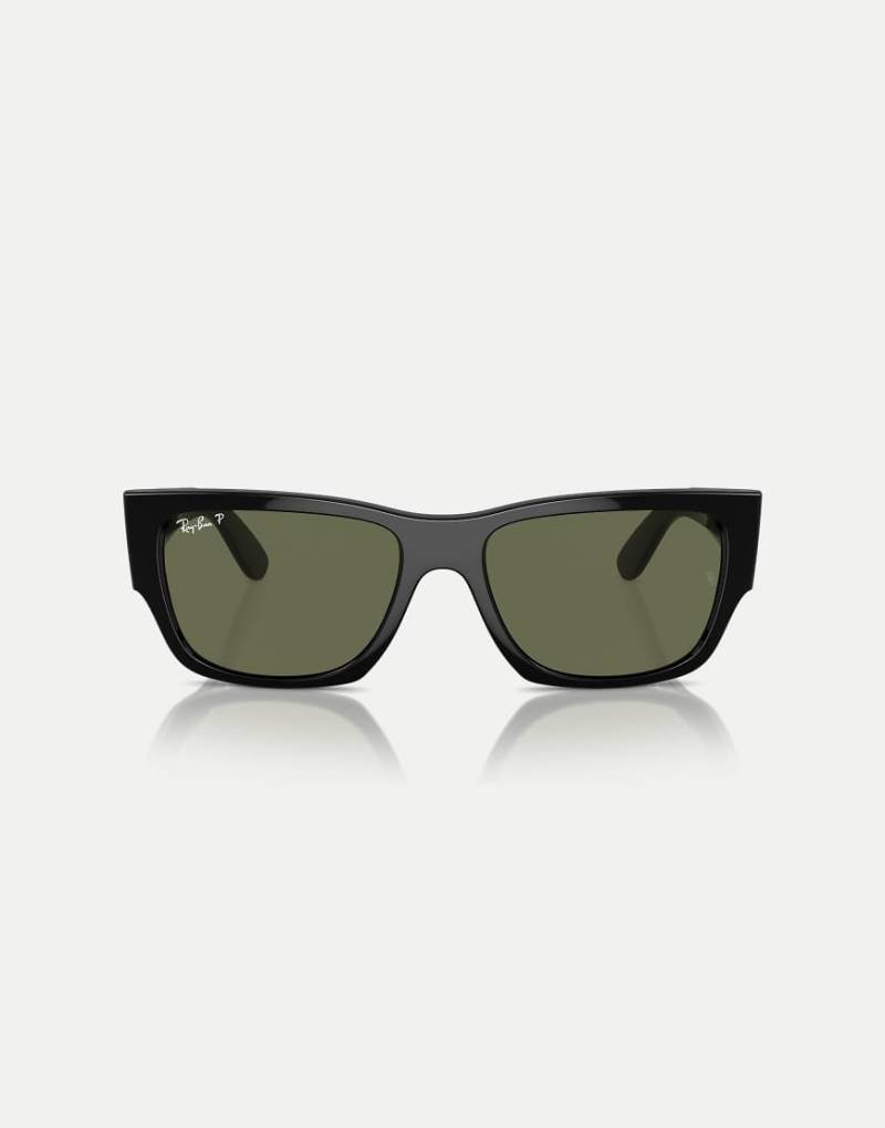 Ray-Ban - Carlos - Rechteckige, polarisierte Sonnenbrille in Schwarz mit grünen Gläsern von Ray-Ban