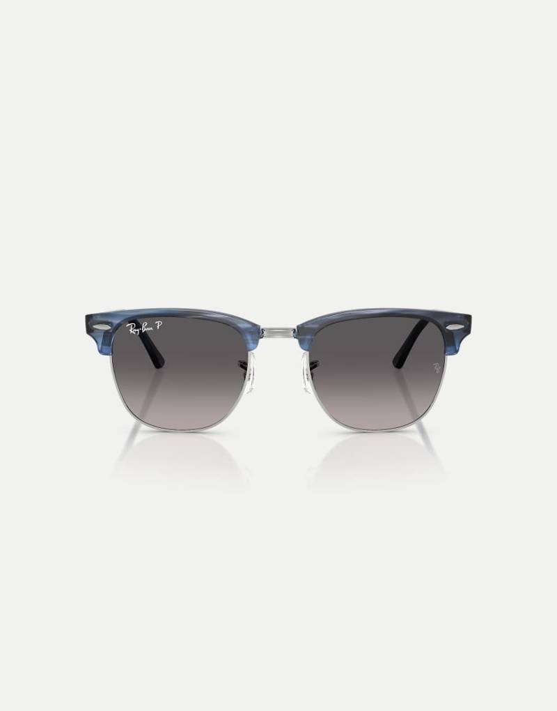Ray-Ban - Clubmaster - Polarisierte Sonnenbrille in gestreiftem Blau auf Silber mit grau verspiegelten Gläsern von Ray-Ban