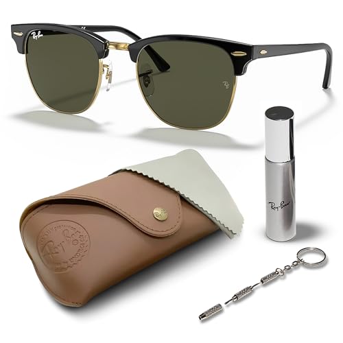 Ray-Ban RB3016 Clubmaster SONNENBRILLEN-SET | Exklusiv-Etui und Care-Kit | Polished Black on Gold/G-15 Green von Ray-Ban