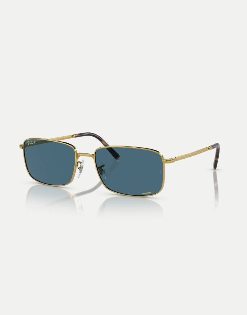 Ray-Ban - RB3717 - Rechteckige, polarisierte Sonnenbrille in Gold mit blauen Gläsern-Goldfarben von Ray-Ban