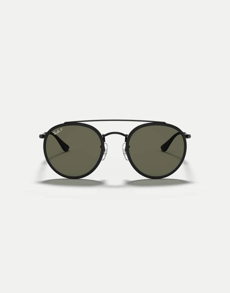Ray-Ban - Runde, polarisierte Sonnenbrille in Schwarz mit doppeltem Steg und grünen Gläsern von Ray-Ban