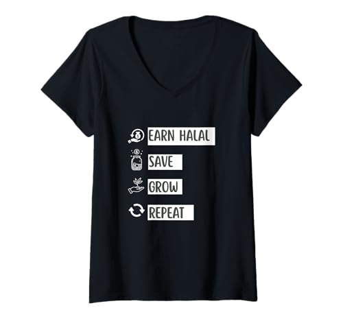 Damen Halal Essen, sparen, wachsen, wiederholen T-Shirt mit V-Ausschnitt Damen Halal Essen, sparen, wachsen, wiederholen T-Shirt mit V-Ausschnitt von Rayhana CL