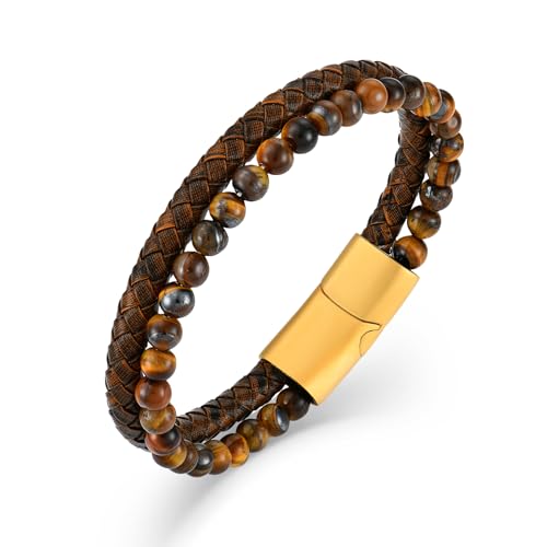 Raymard Herren-Armband, Tigerauge, schwarzer Onyx, Lavastein, Vulkanstein, Perlenarmband, geflochtenes Lederarmband für Herren, 8.3“, Leder, Kein Edelstein Raymard Herren-Armband, Tigerauge, schwarzer Onyx, Lavastein, Vulkanstein, Perlenarmband, geflochtenes Lederarmband für Herren, 8.3“, Leder, Kein Edelstein von Raymard