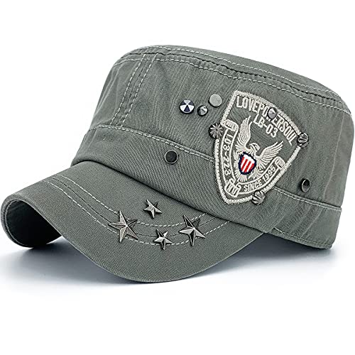 Rayna Fashion Herren Damen Soft Washed Baumwolle Verstellbar Flat Top Military Army Hut Cadet Cap Reißverschluss Nieten Stickerei Patch - Schwarz - Einheitsgröße von Rayna Fashion