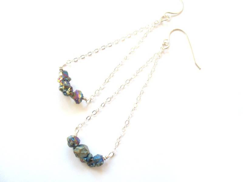 Ohrringe Sterling Silber "Peacock Erz" Chalcopyrit - Lange Baumeln Draht Umwickelt Kette von Raynecloud