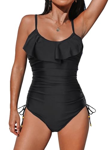 Damen Badeanzug mit Raffungen Einteilige Bademode Swimsuit Strandmode Push up Hoch Taillierte Monokini Badebekleidung für Frauen Swimsuit Plus Size(Schwarz,XL) von Rayson