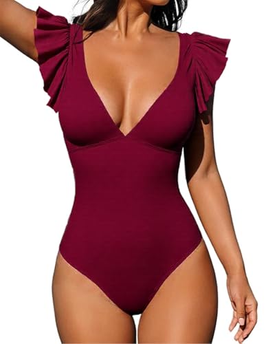 Damen Badeanzug mit Rüschen V Volant-Ausschnitt Monokini Volants Bademode Swimsuit Shape Badeanzug mit Strandbikini Monokinis(Burgundisch,XL) von Rayson