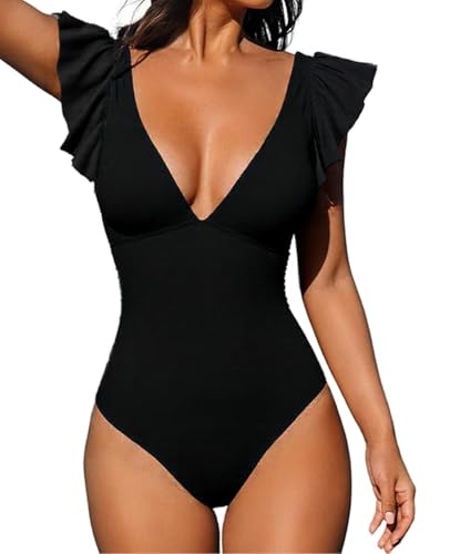 Damen Badeanzug mit Rüschen V Volant-Ausschnitt Monokini Volants Bademode Swimsuit Shape Badeanzug mit Strandbikini Monokinis(Schwarz,S) von Rayson
