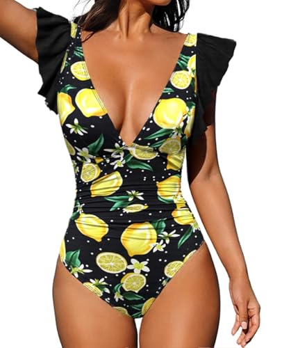 Damen Badeanzug mit Rüschen V Volant-Ausschnitt Monokini Volants Bademode Swimsuit Shape Badeanzug mit Strandbikini Monokinis(Zitrone,M) von Rayson