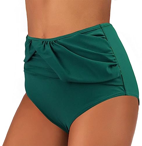 Damen Bikinihose High Waist Bikinihose Abdominal Kontrolle Ruched Bikinihose Volltonfarbe Retro Badehose Bikini Höschen(grün,L) von Rayson