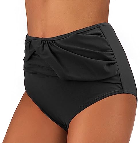 Damen Bikinihose High Waist Bikinihose Abdominal Kontrolle Ruched Bikinihose Volltonfarbe Retro Badehose Bikini Höschen(schwarz,XL) von Rayson