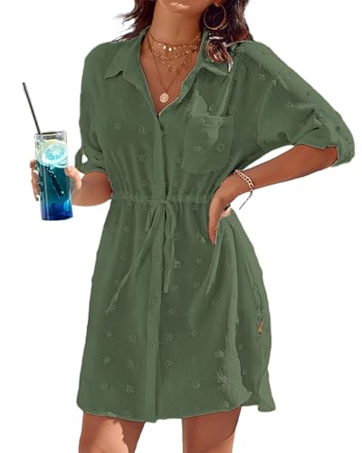 Damen Strandkleid V Ausschnitt 3/4 Ärmel Beachwear Bikini Cover Up Bluse V-Ausschnitt Strand Bademode Sarong Pareo Sommerkleid Vertuschen Shirt Tunika Kleider,Grün von Rayson