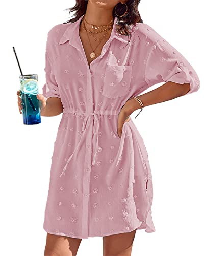 Damen Strandkleid V Ausschnitt 3/4 Ärmel Beachwear Bikini Cover Up Bluse V-Ausschnitt Strand Bademode Sarong Pareo Sommerkleid Vertuschen Shirt Tunika Kleider,Rosa von Rayson