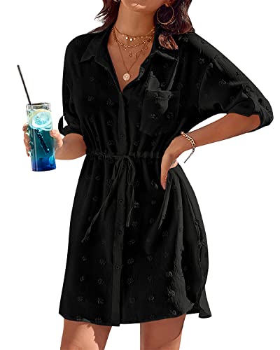 Damen Strandkleid V Ausschnitt 3/4 Ärmel Beachwear Bikini Cover Up Bluse V-Ausschnitt Strand Bademode Sarong Pareo Sommerkleid Vertuschen Shirt Tunika Kleider,Schwarz von Rayson