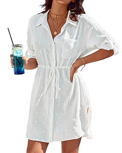 Damen Strandkleid V Ausschnitt 3/4 Ärmel Beachwear Bikini Cover Up Bluse V-Ausschnitt Strand Bademode Sarong Pareo Sommerkleid Vertuschen Shirt Tunika Kleider,Weiß von Rayson