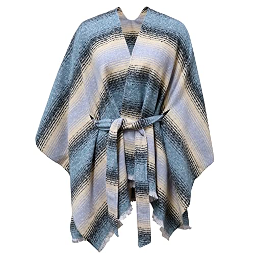 Poncho Damen Herbst-Winter-Warmer Mode-Schal der Frauen Strickjacke mit Fransen für Damen Drucken Front Poncho V-Tie Belt Cape(Blau) von Rayson