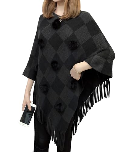 Poncho mit Fransen für Damen Modischer Karierter Schal Warmer Poncho Pullover mit Mehrweg-Ausschnitt und Süßen Bommeln Kaschmirschal und Schal verdickter Warmer weicher Schal,Grau von Rayson